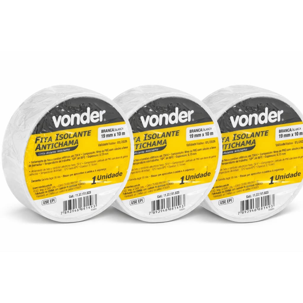 Fita isolante, 19 mm x 10 m, branca, VONDER