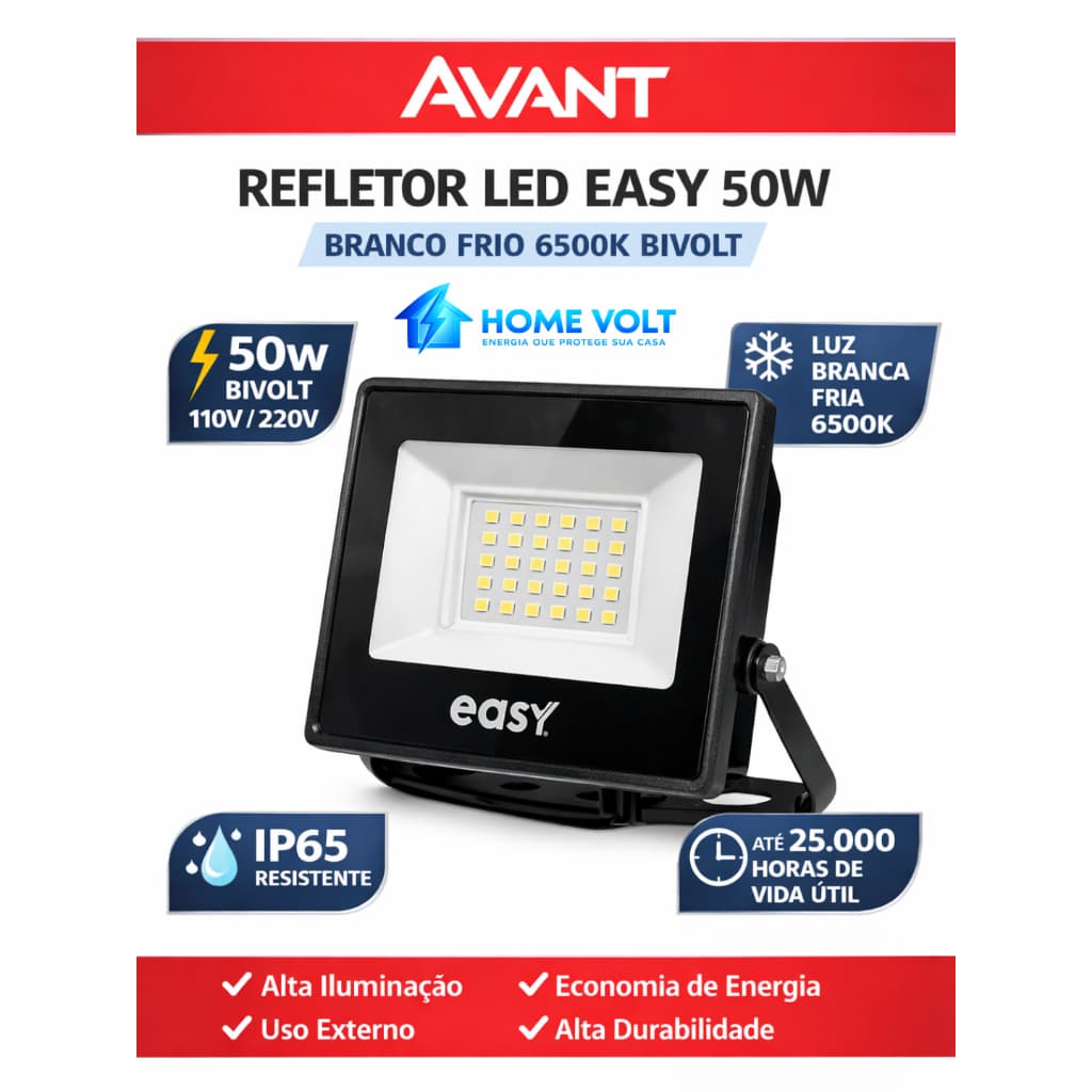 Refletor LED Easy 50W Avant Branco Frio 6500K Bivolt Econômico Externo  Alta Eficiência  e  Compacto