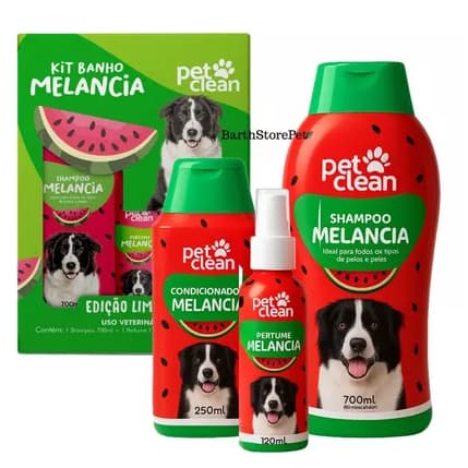 Pet Clean Kit Banho Melancia para Cães Shampoo 700ml + Condicionador 250ml + Perfume 120ml