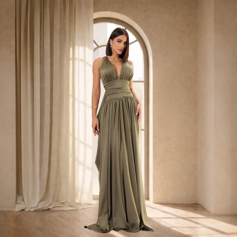 Vestido Feminino Longo de Festa Malha Trilobal Decote V Halter Alladdin Evento Casamento  Rubia
