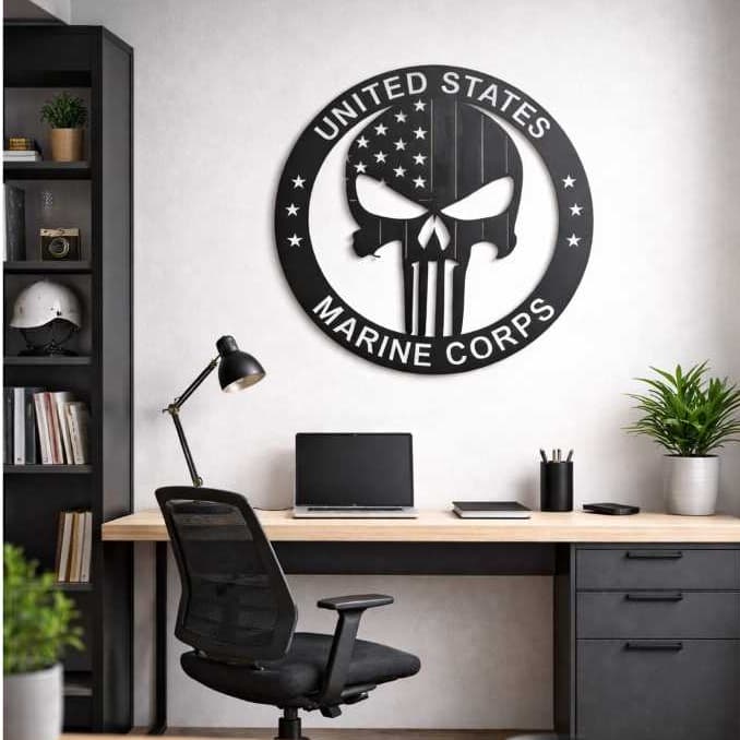 Quadro Decorativo Caveira Militar MDF Preto | Estilo Tático Marine Corps | Decoração Parede Escritório Sala