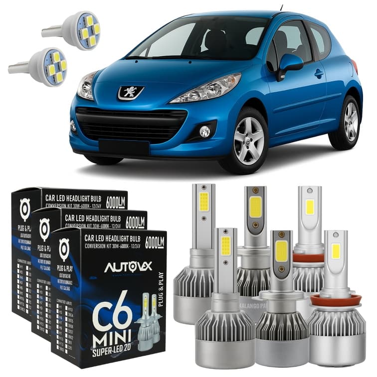 Lâmpadas Led Peugeot 207 Kit Completo Alto Baixo Milha T10