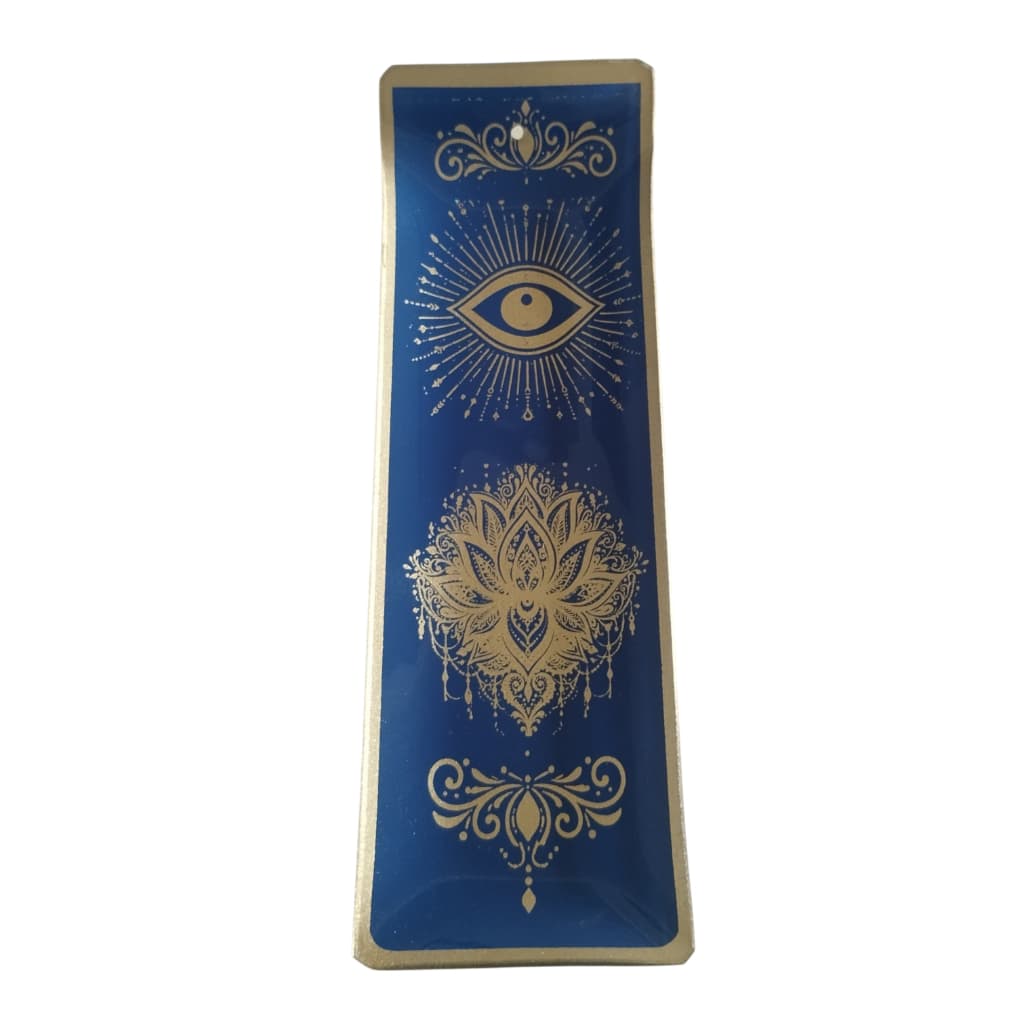 Porta Incenso Retangular Flor de lotus e olho grego Azul e Dourado