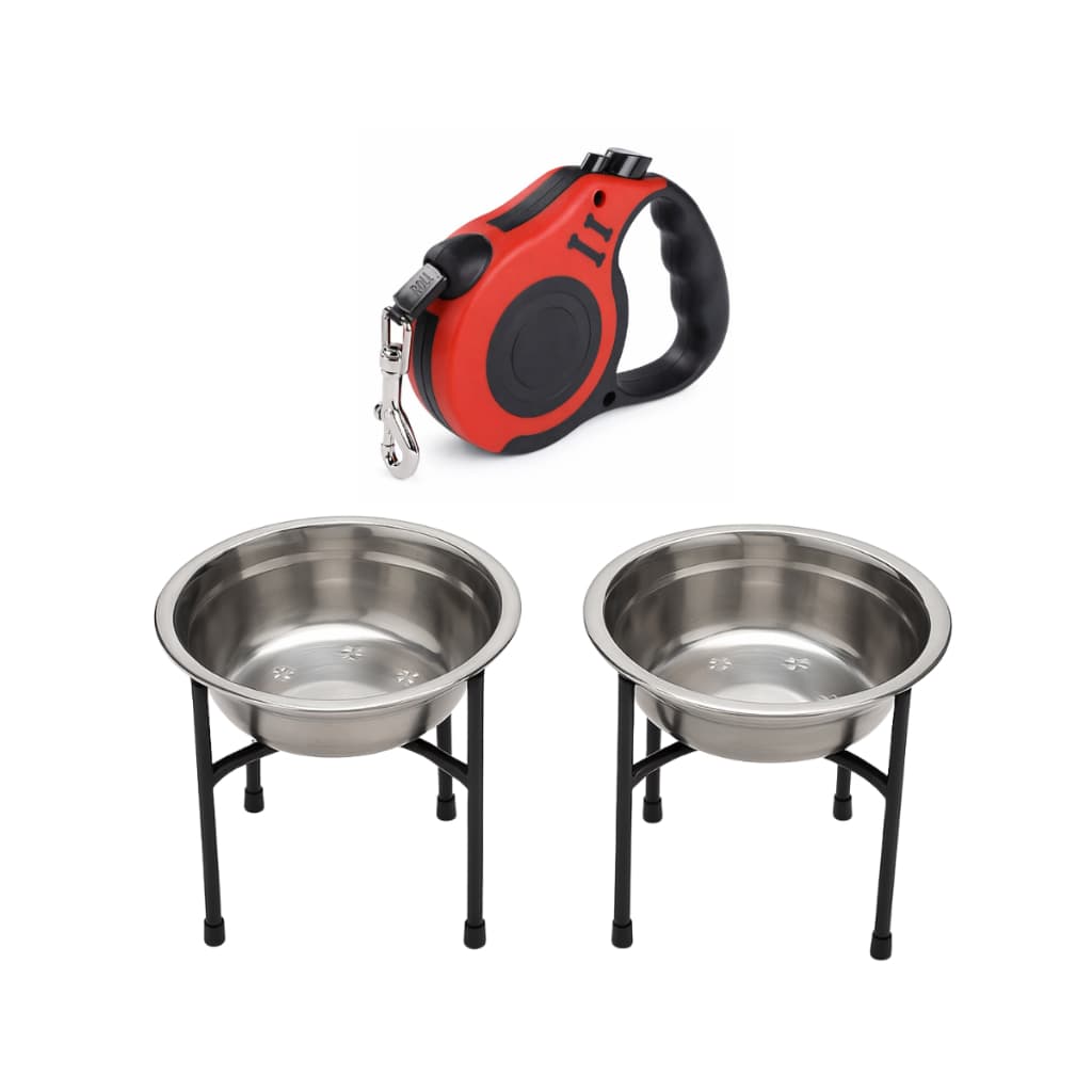 Comedouro ou Bebedouro Inox Elevado + Guia Retratil Cor Sortida 3m Para Caes