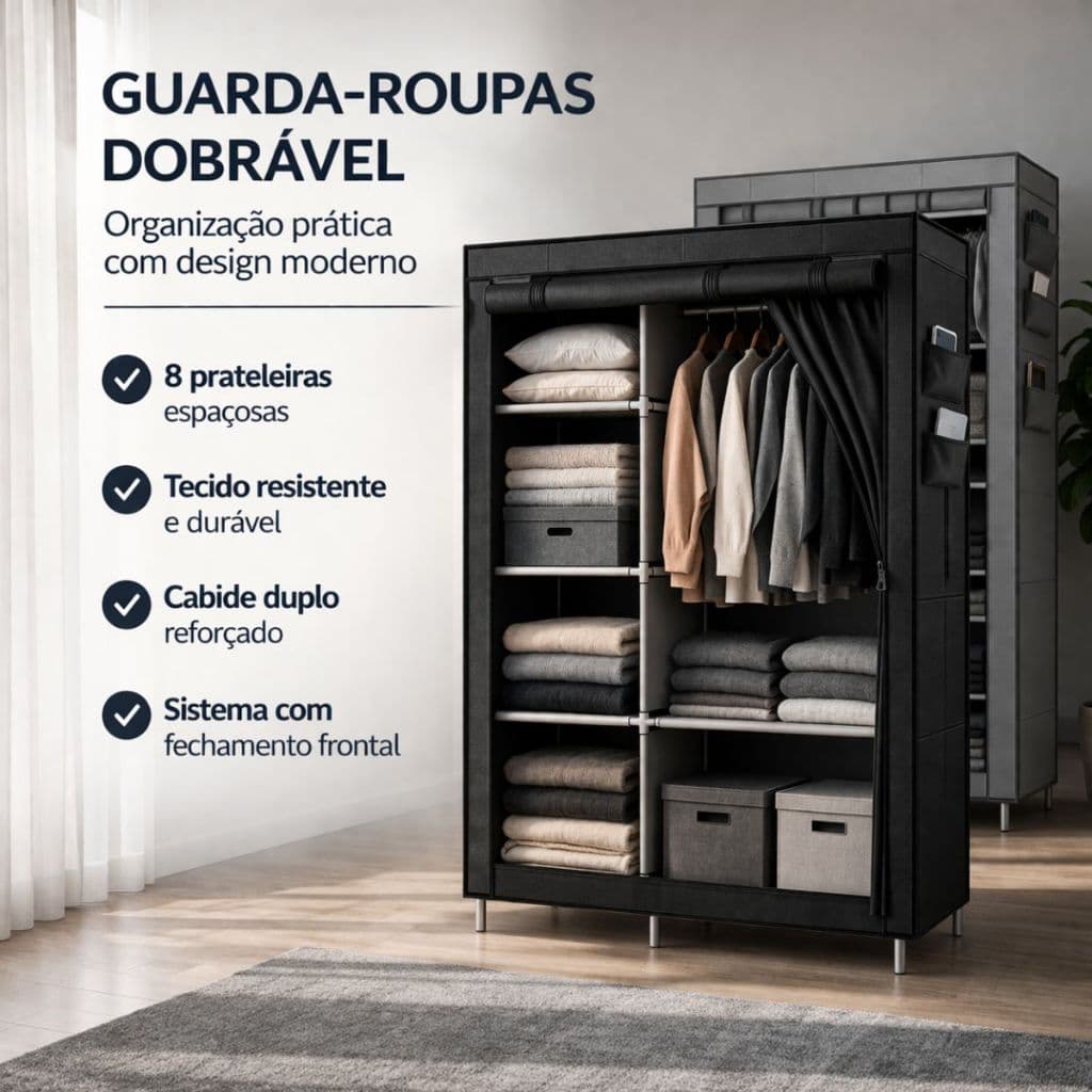 Guarda Roupa Dobrável Grande de Tecido com Cabideiro Duplo 8 Prateleiras e Zíper