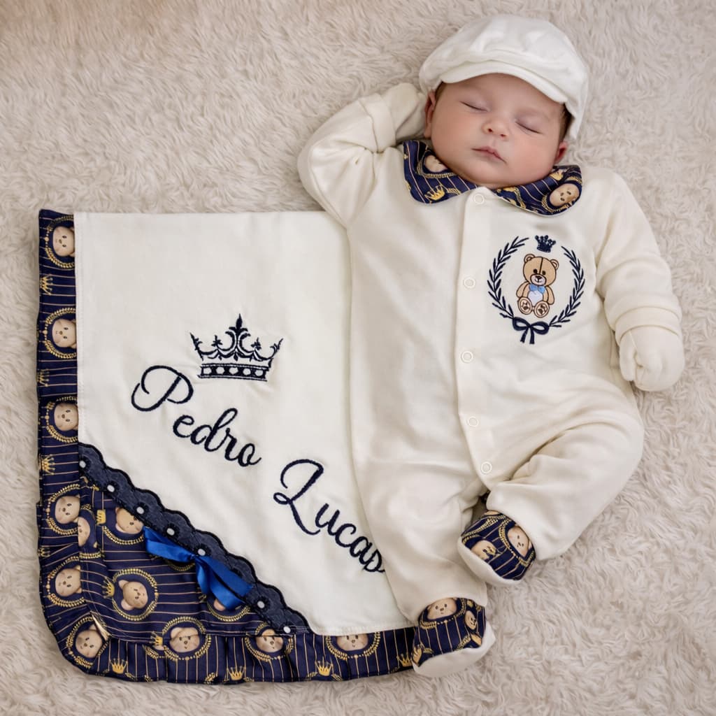 Saída de Maternidade Para Menino Personalizada c/ Nome 5 Peças 100% Algodão Príncipe Promoção