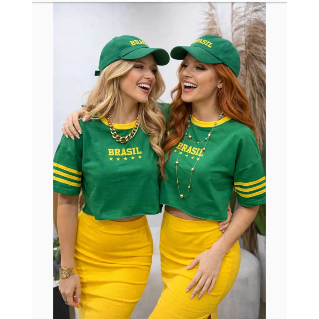 Conjunto Brasil Feminino Cropped + Saia Midi Estilo Casual Chic Tendência 2026