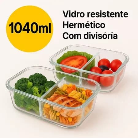 Kit 2 Potes Hermético Retangular Com Divisória Vidro Conservação Alimentos 1040ml