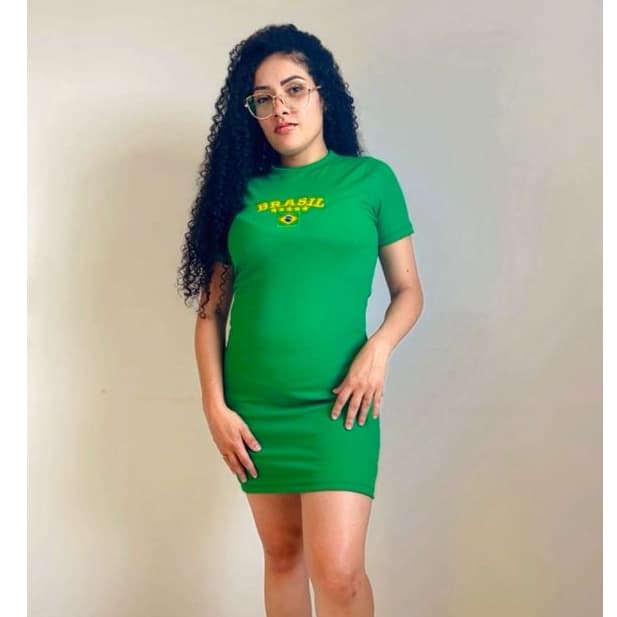 Vestido Brasil Feminino Tubinho Ribana Canelado Brazil Copa 2026 Estampa Bordado