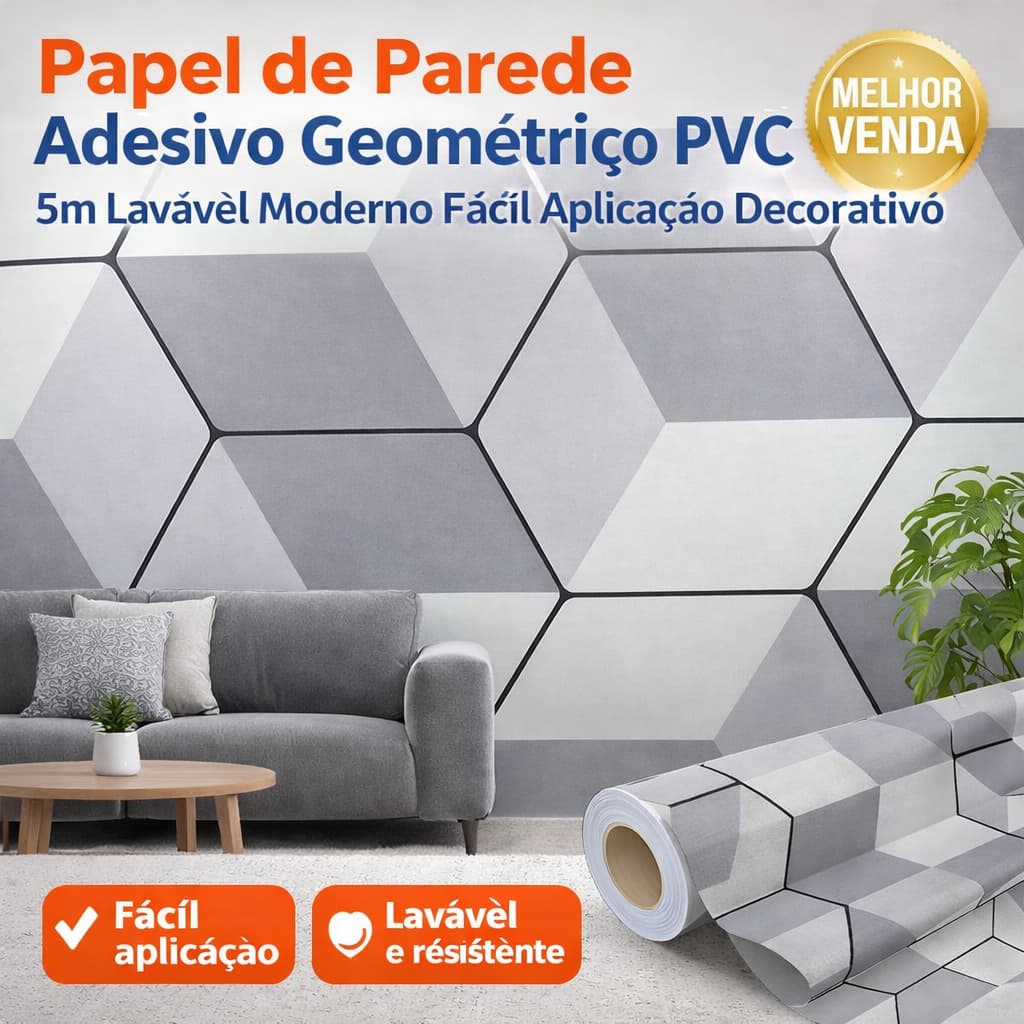 Papel de Parede Adesivo Geométrico PVC 5m Lavável Moderno Fácil Aplicação Decorativo
