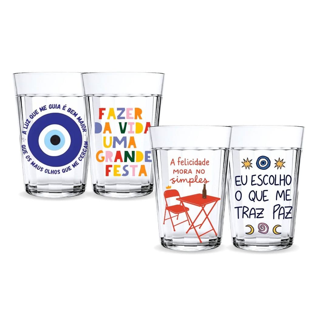 Jogo 4 Copos Americanos 190ml Estampado Frases Motivacional Presente Criativo