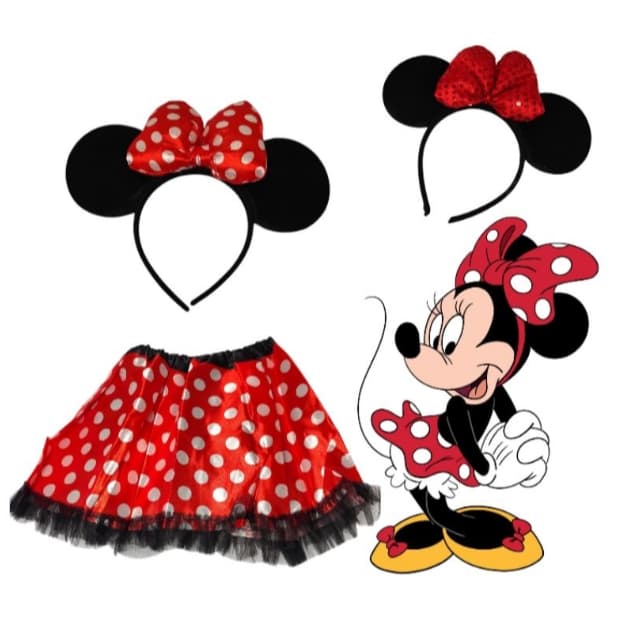 Kit Fantasia Minnie Saia Bolinha Arquinho Lantejoula Disney Cosplay Infantil Carnaval Festa Mickey Criança Menina