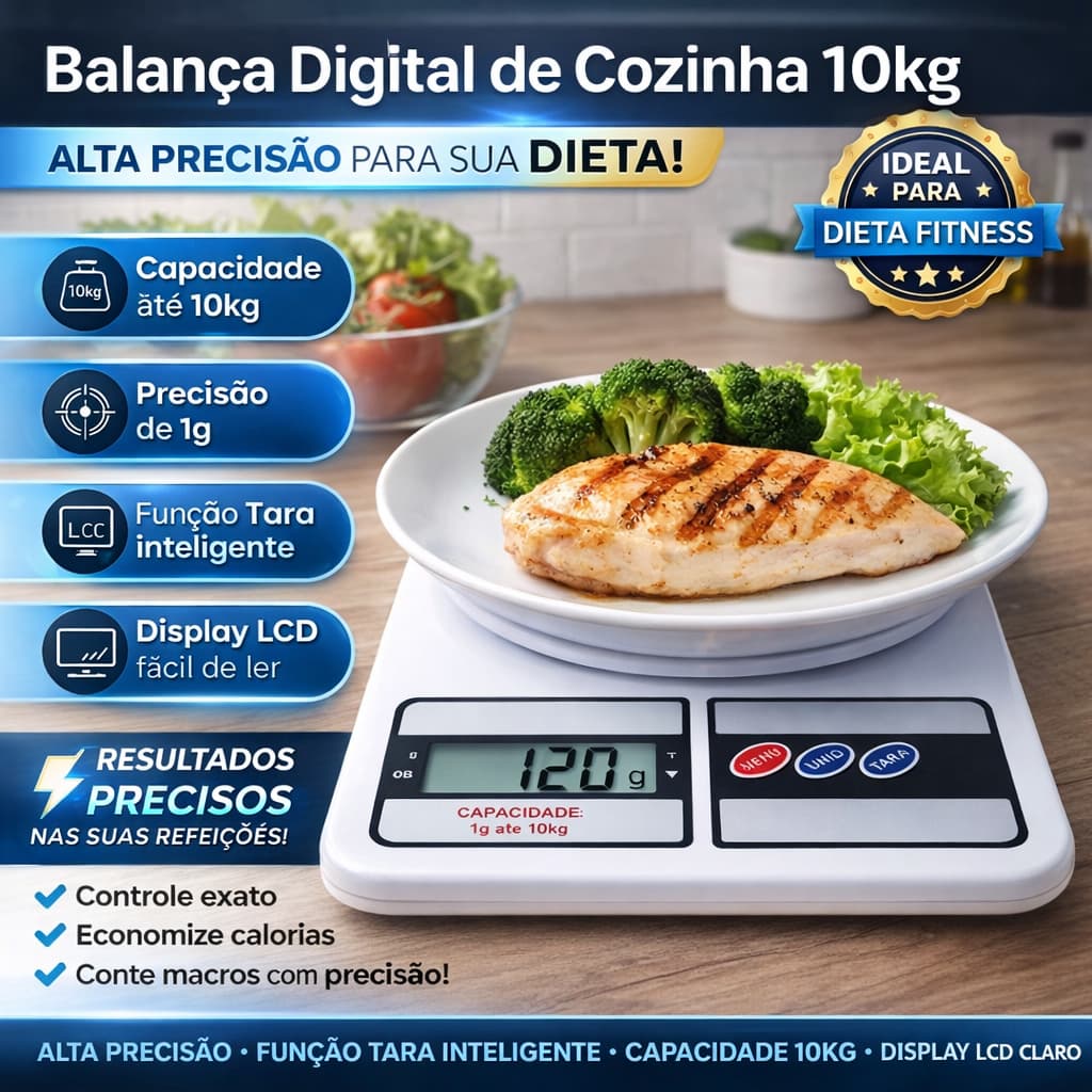 Balança Digital Cozinha 10kg Alta Precisão LCD Função Tara Para Alimentos Dieta Resistente Precisa