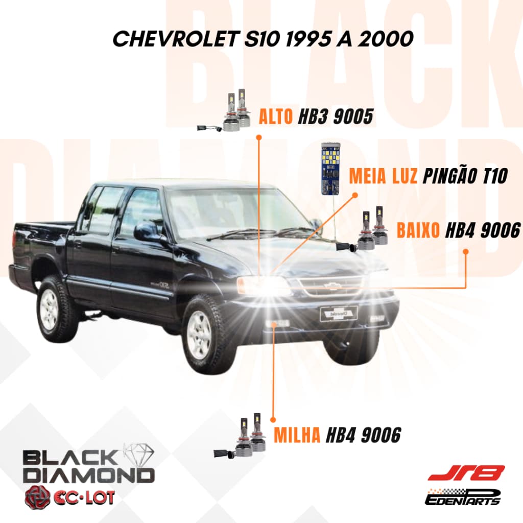 Kit Lampadas Farol LED Chevrolet S10 1995 a 2000 JR8 BlackDiamond HB3 HB4 HB4 6000K + Lâmpada Pingão T10 21 LED