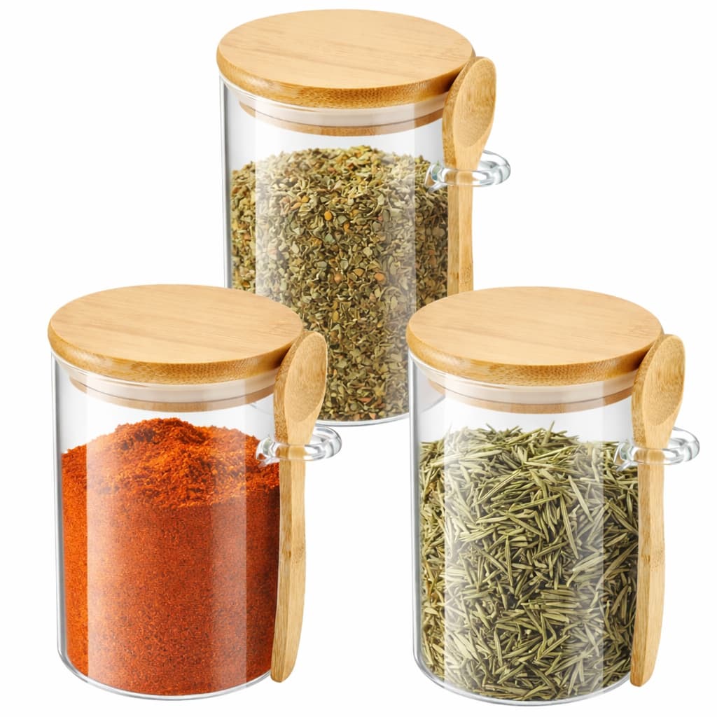 Potes Temperos Redondo Porta Mantimentos Condimentos Vidro Hermético Com Tampa Bambu e Colher 300ml