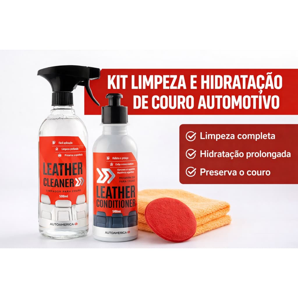 Kit Limpeza e Hidratação de Couro Automotivo Leather Cleaner + Conditioner + Aplicador e Microfibra