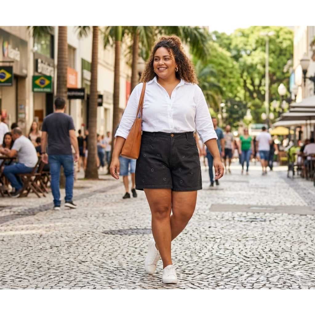 SHORT JEANS PLUS PRETO FEMININA COM BORDADOS