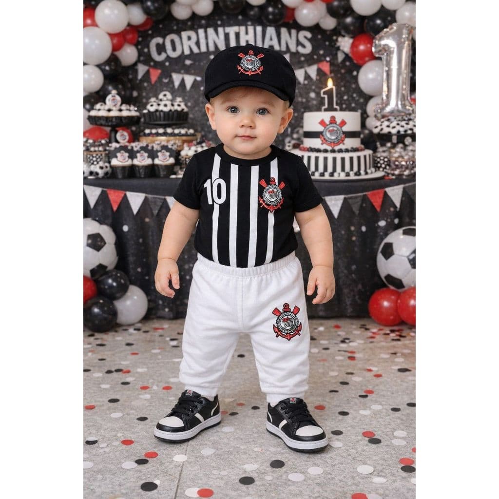 Conjunto Corinthians com Mijão + Body e Boina Time Timão Futebol Calça
