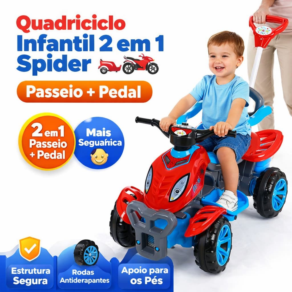 Quadriciclo Infantil Spider 2 em 1 Pedal e Passeio com Haste Guia Segurança Rodas Antiderrapantes