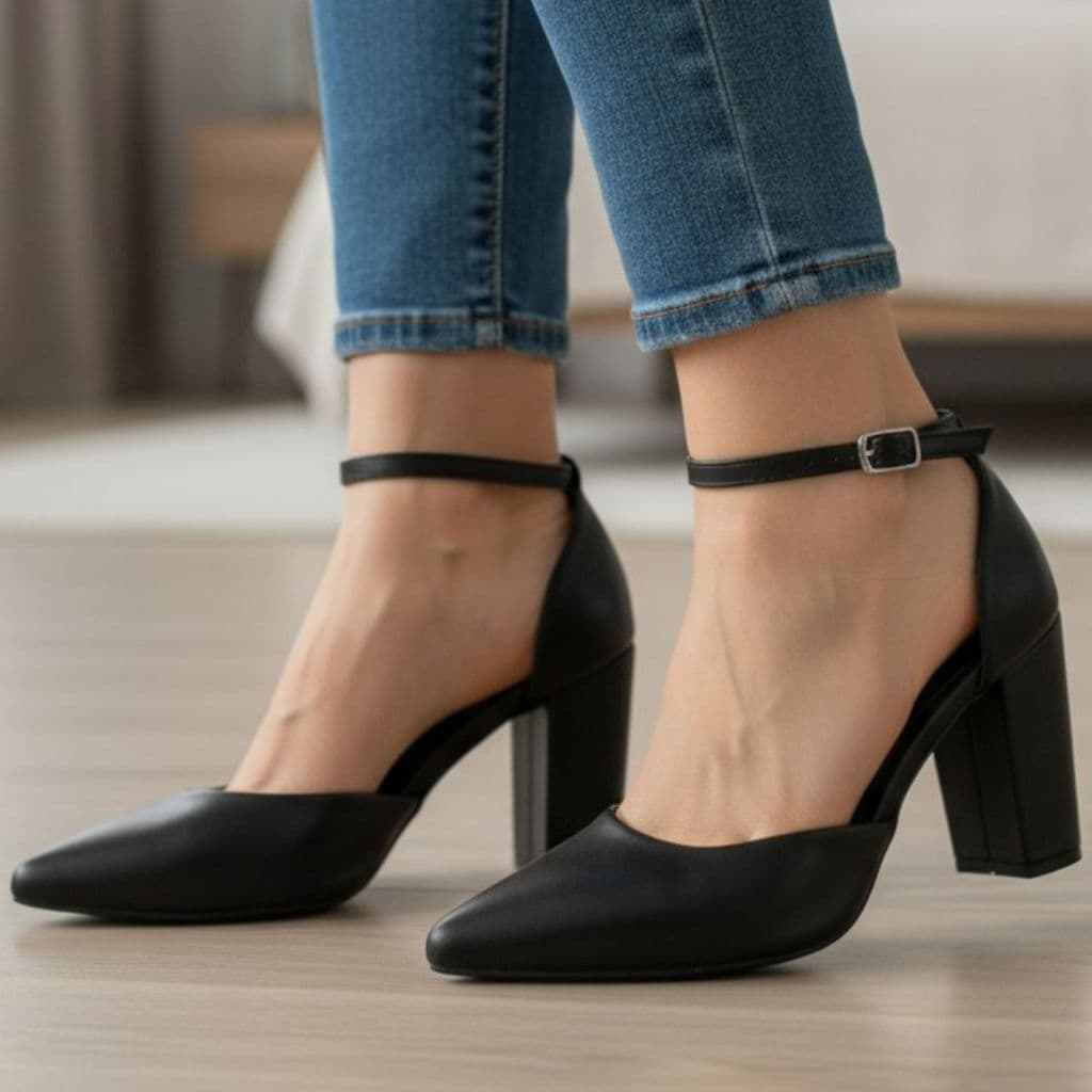 Scarpin Feminino Salto Grosso 9,5cm Bico Fino Fivela Confortável Elegante Trabalho Moda Evangélica