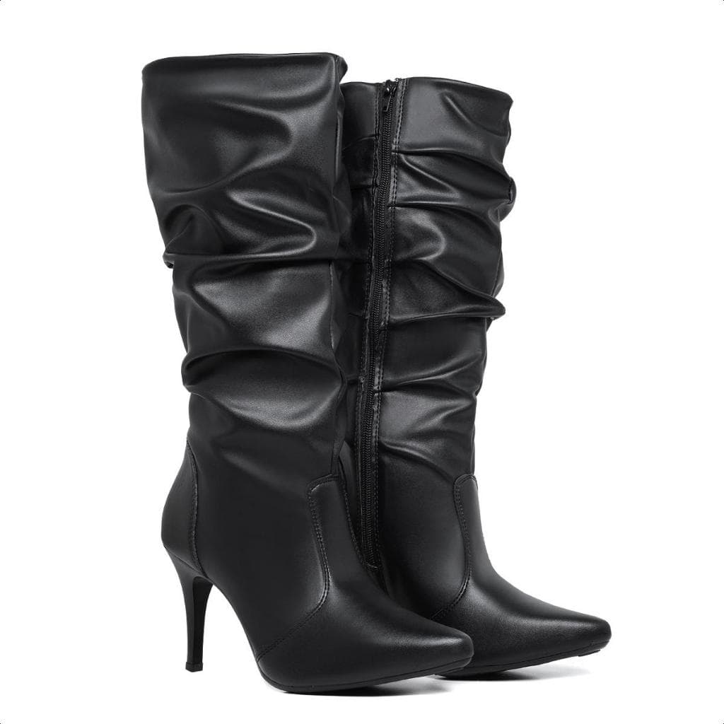 Bota Couro Soft Cano Longo Slouch Bico Fino Preta