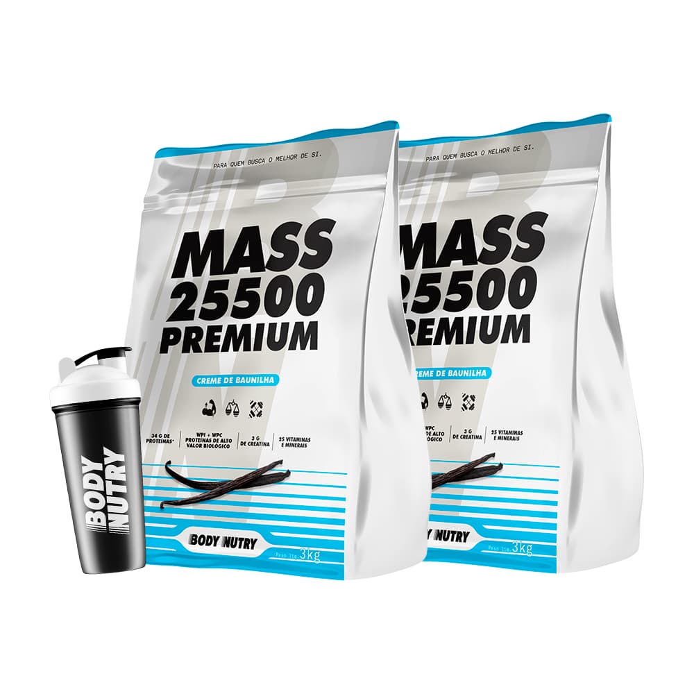 2x Suplemento Hipercalórico - MASS 25500 - 3kg - Body Nutry + Coqueteleira 600ml