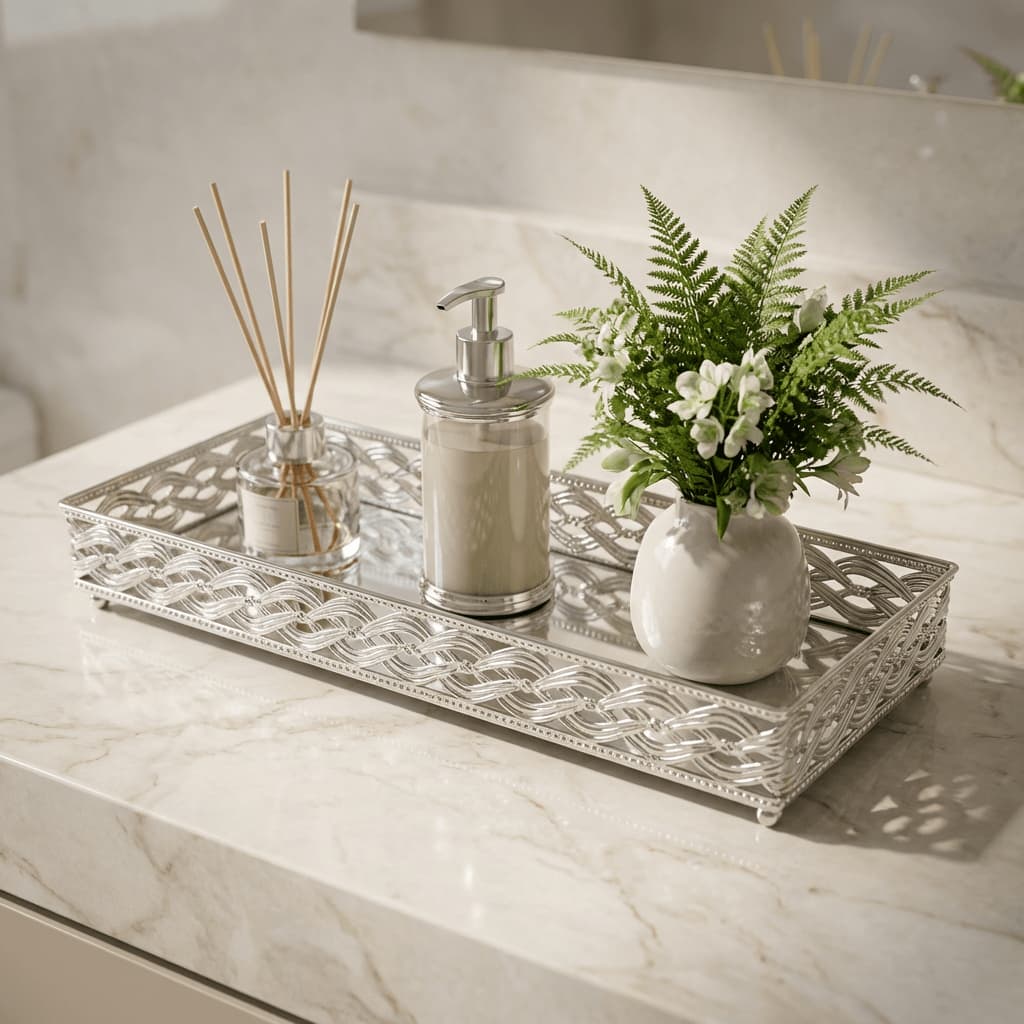 Bandeja Espelhada Para Decoração Prata Retangular Grande Bebidas Bar Aparador Perfumes Sala Banheiro Francesa Luxo 34cm