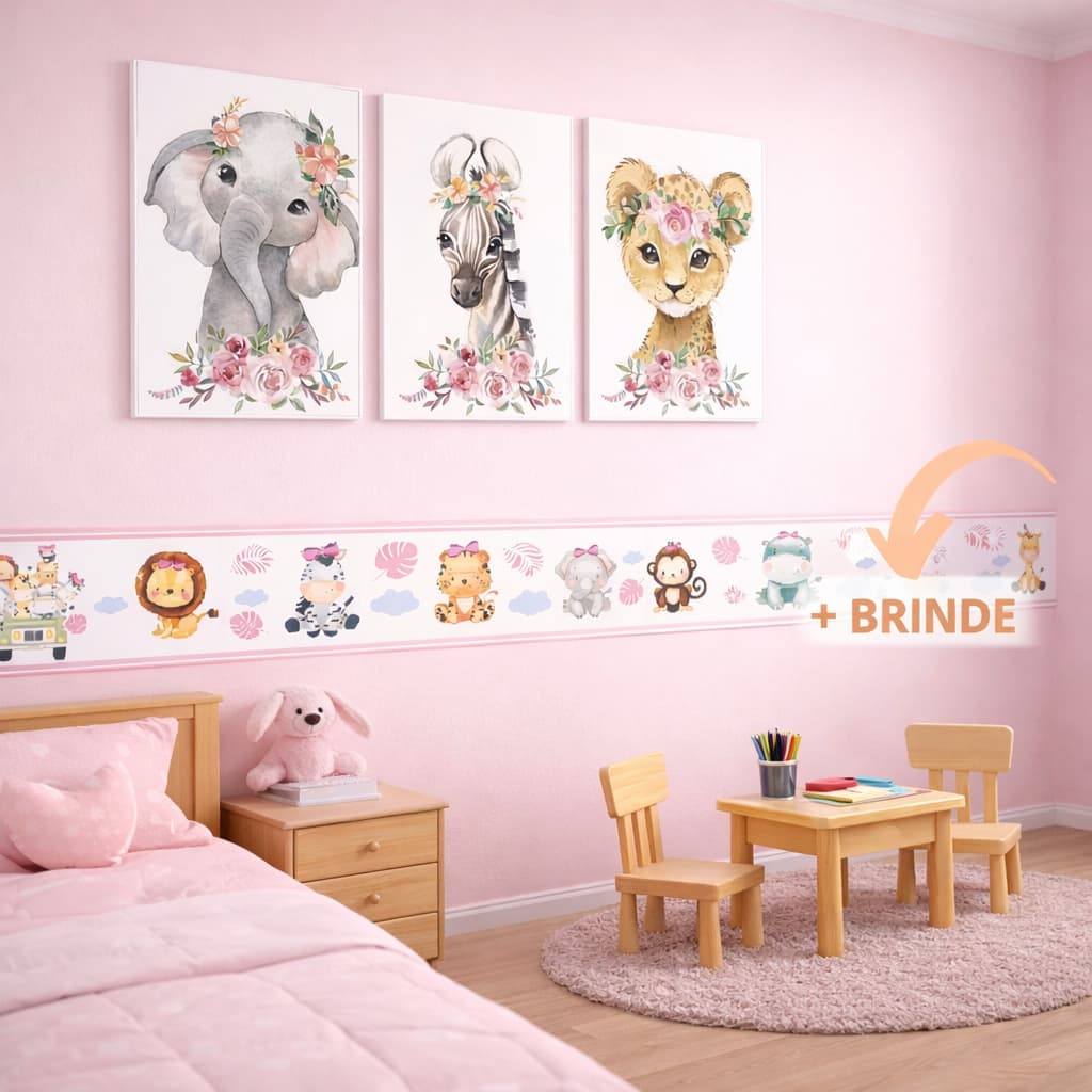 Placa Quadro Decorativo Infantil 20x30 Bebe Menina Safari 3 Peças