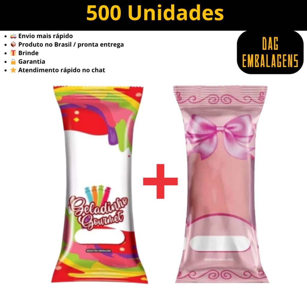 Embalagem para Geladinho Gourmet 500 unidades - Rosa/Vermelho/Azul/Transparente