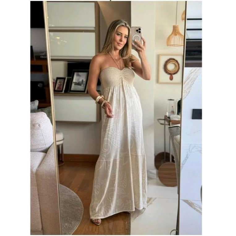 Vestido Longo Tricot com algodão Mirage - Tema Mar versatil prende no pescoço e também tomara que caia