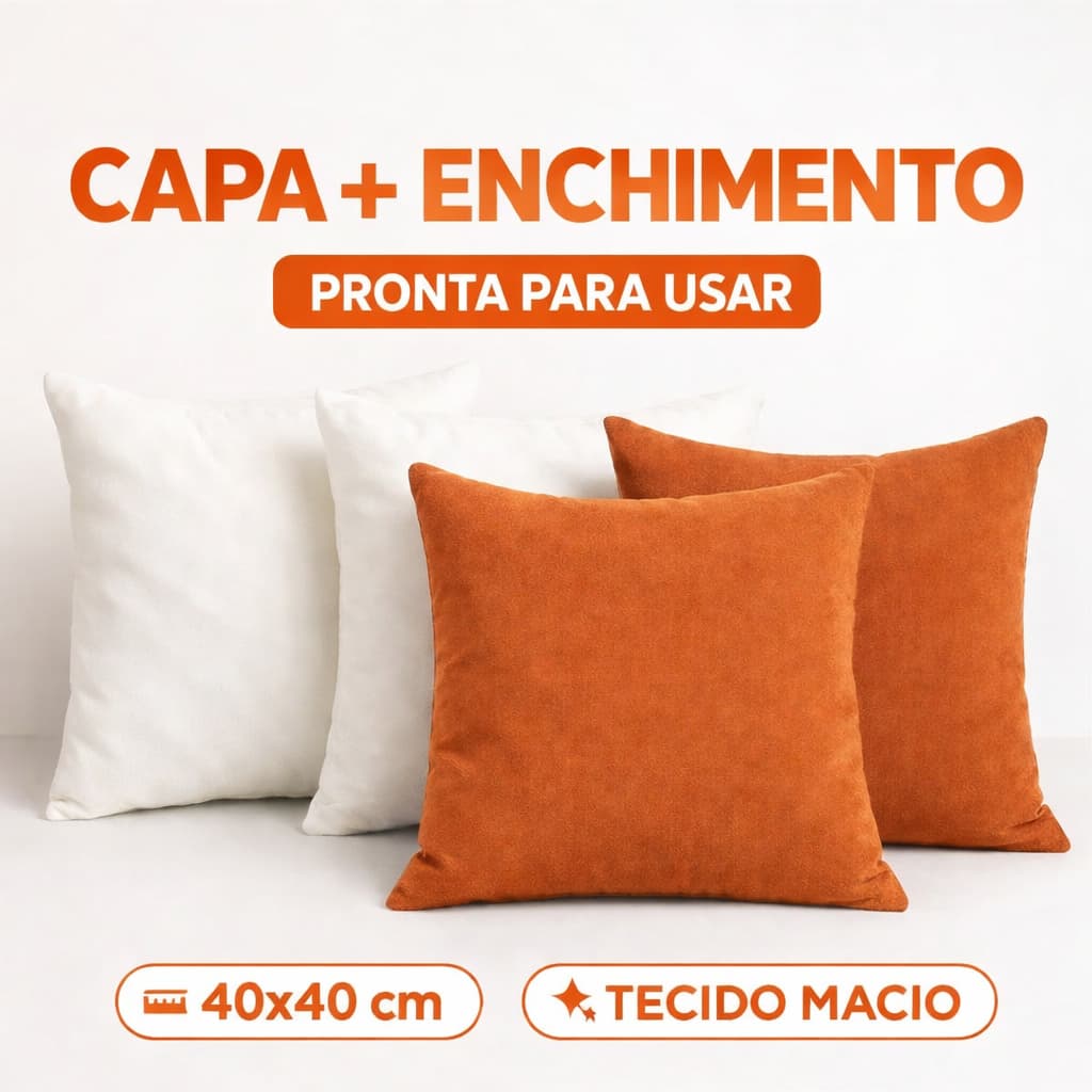Kit 2 Capas De Almofadas Lisas + Enchimento 45x45cm Antialérgico Tecido Suede Zíper Invisível