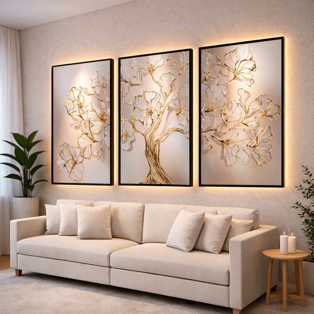 Coleção de Quadros Decorativos Trio para Sala Árvore Delicado Flores Douradas