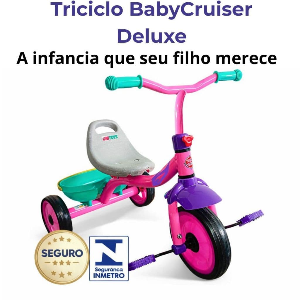 Triciclo infantil BabyCruiser Deluxe Rosa Pedais Ajustável Seguro Inmetro Até 30kg  Diversão Criança