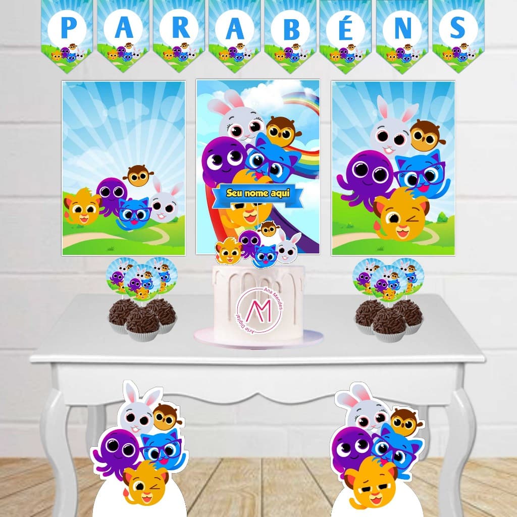 Kit Festa Infantil Bolofofos Fácil Decoração Com Painel Display Toppers Topo de Bolo Só um bolinho