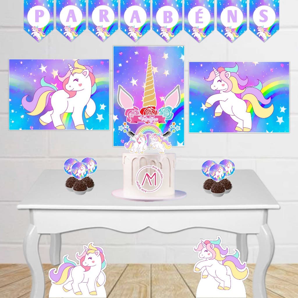 Kit Festa Infantil Unicórnio Fácil Decoração Com Painel Display Toppers Topo de Bolo Só um bolinho