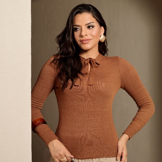 Blusa feminina de frio Suéter manga longa gola redonda com laço