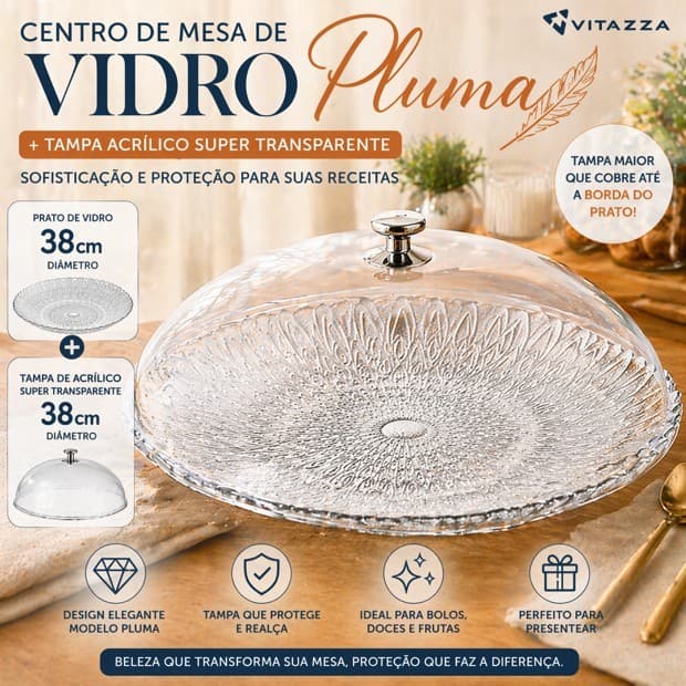 Conjunto Fruteira Centro de Mesa 38cm Pluma Vitazza + Tampa Acrílico 33cm Transparente