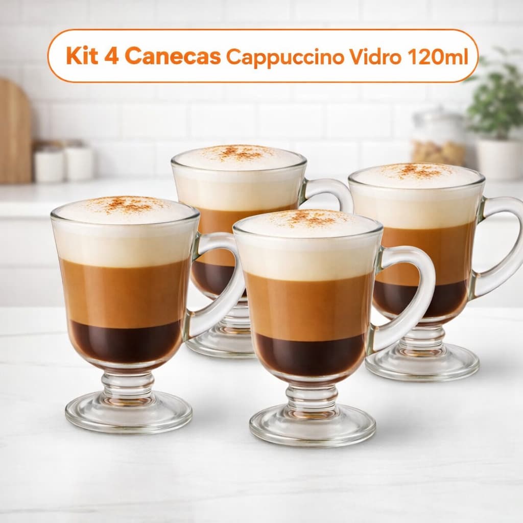 Conjunto 4 Canecas Royal Fratelli de Vidro para Café Cappuccino Expresso Latte120ml Elegância
