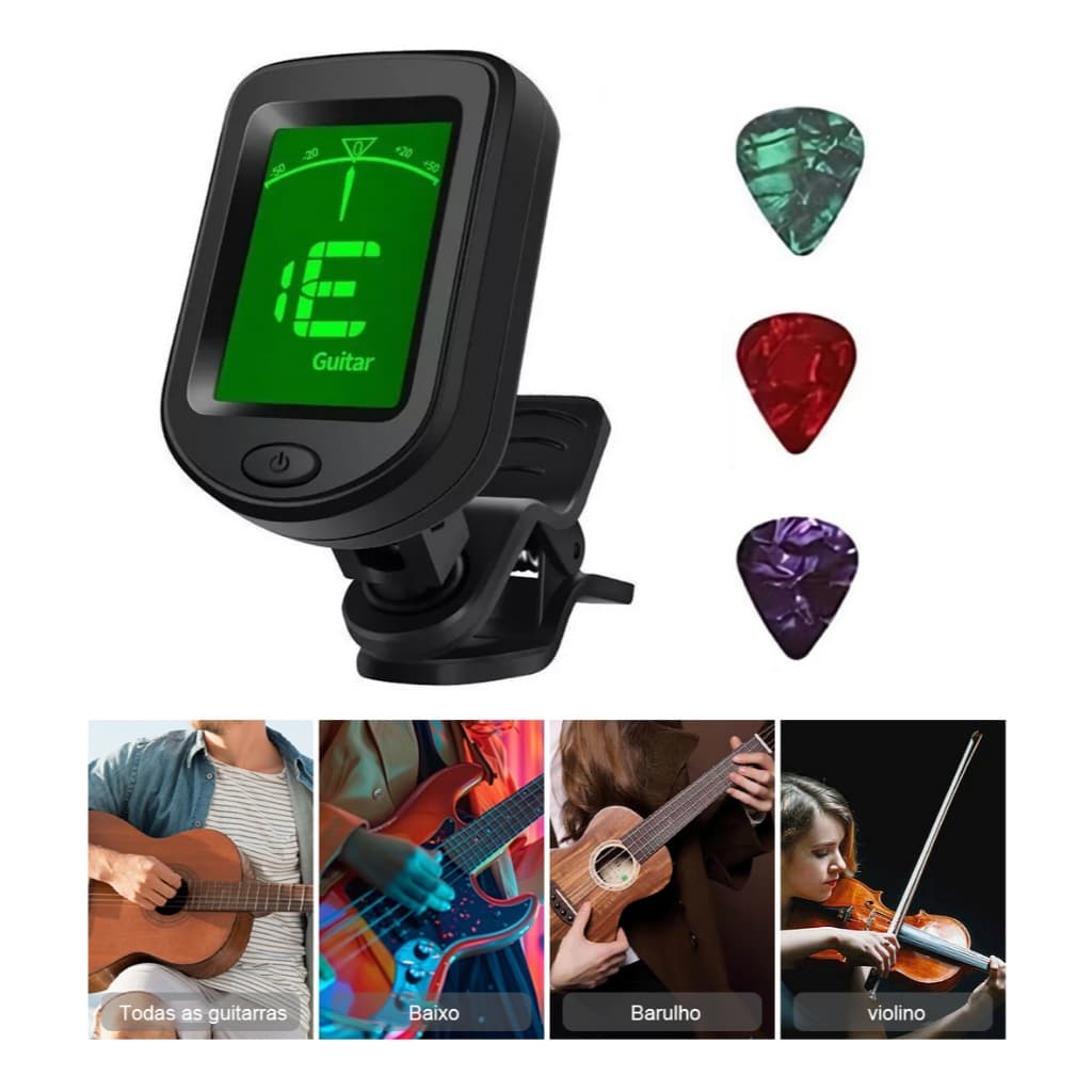 Afinador Clip Cromático LCD 360° para Violão Guitarra Baixo Violino Ukulele - Preto com 3 Plectros