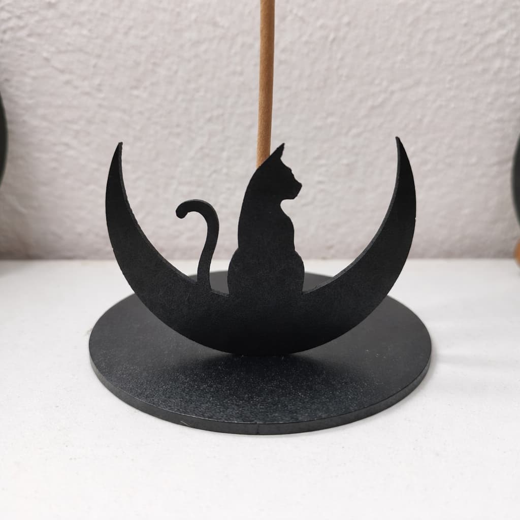 Porta Incenso Incensário Decorativo 3d Gato Mistico Signos Lua Madeira MDF Preto