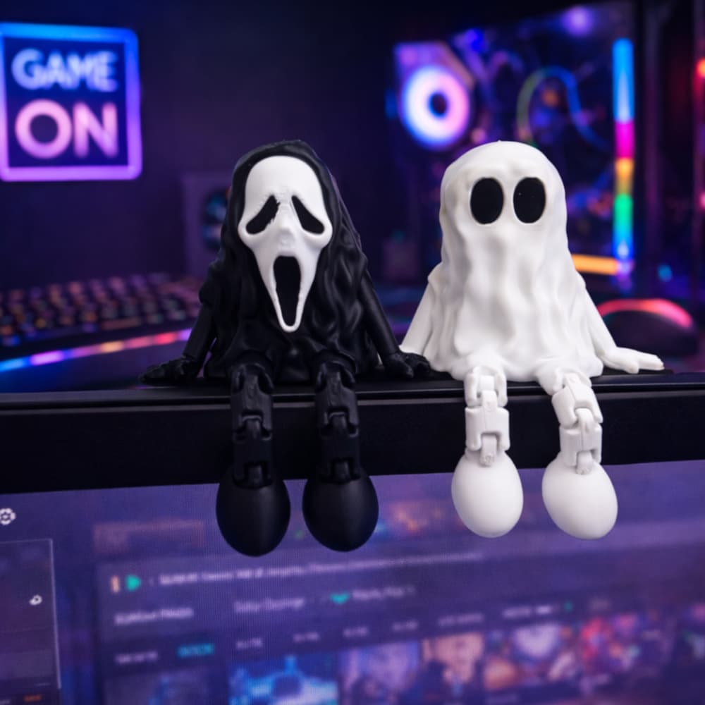 Bonecos Ghostface e Fantasminha Gamer | Boneco Enfeite Setup PC Monitor Mesa Geek Halloween