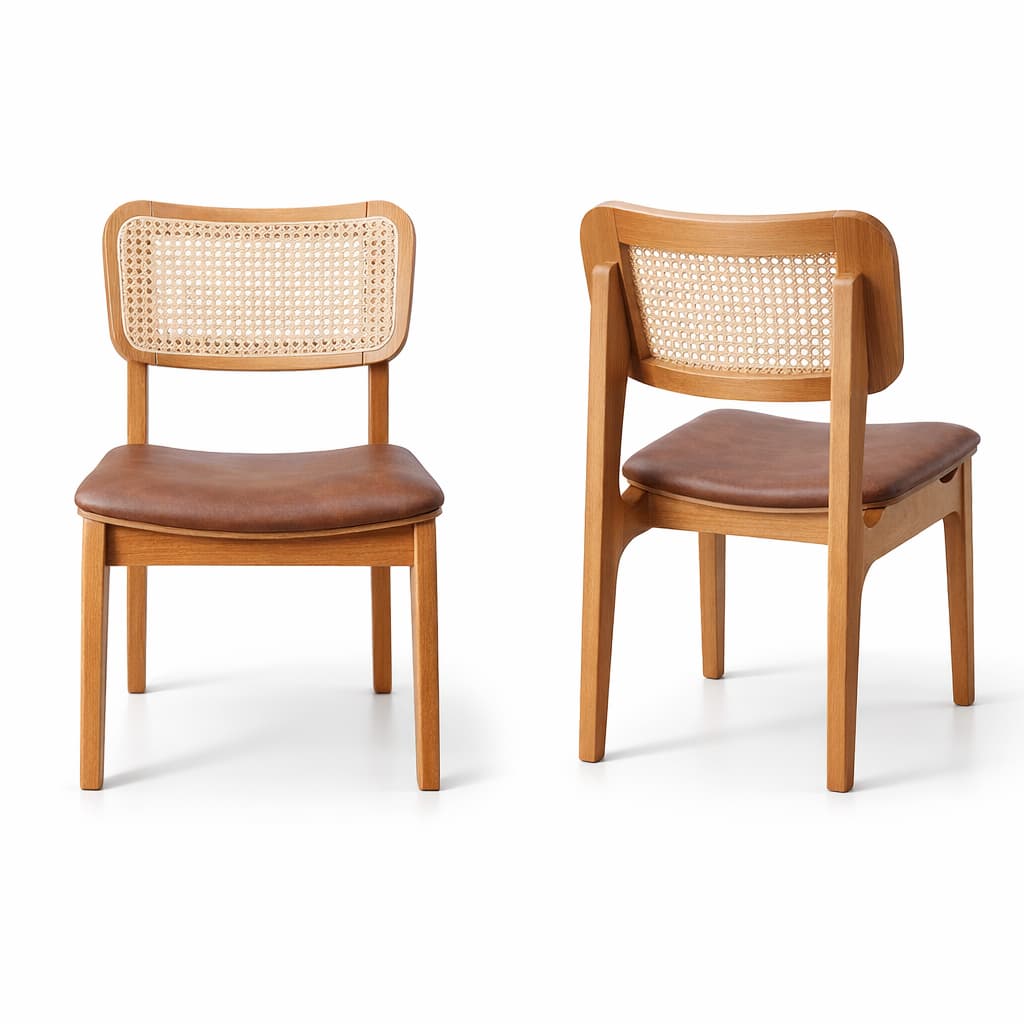 Kit 2 Cadeiras Madeira Maciça Amêndoa Assento Marrom Mescla Courino Encosto Anatômico Telinha Rattan