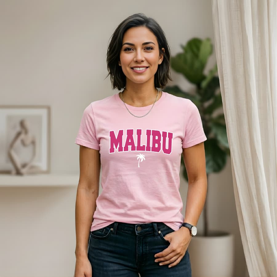 Camiseta Feminina Casual Verão Camisa Tshirt Estampa Malibu Streetwear Estilosa Tecido Algodão