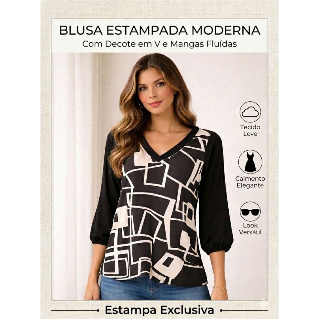 Blusa Feminina Manga 3/4 Estampa Geométrica Decote V Tecido Leve Elegante Casual Blusinha Moderna