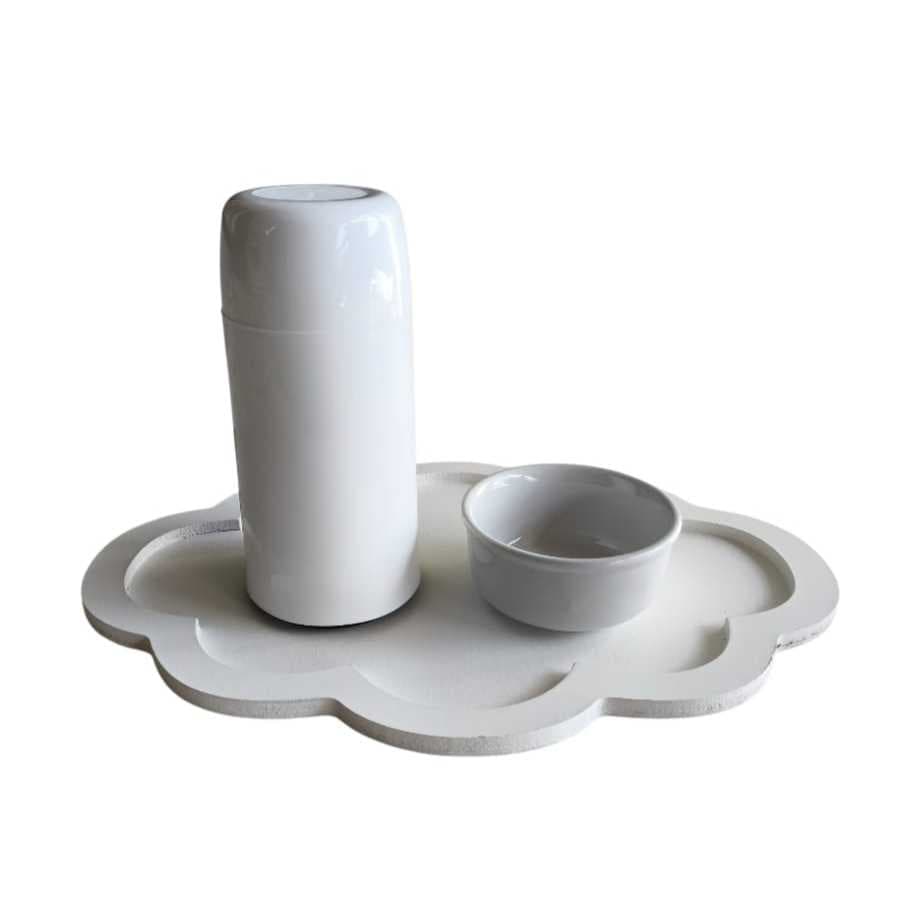 Kit Higiene para bebê molhadeira porcelana garrafa térmica branca 250 ml bandeja mdf nuvem branca menino menina