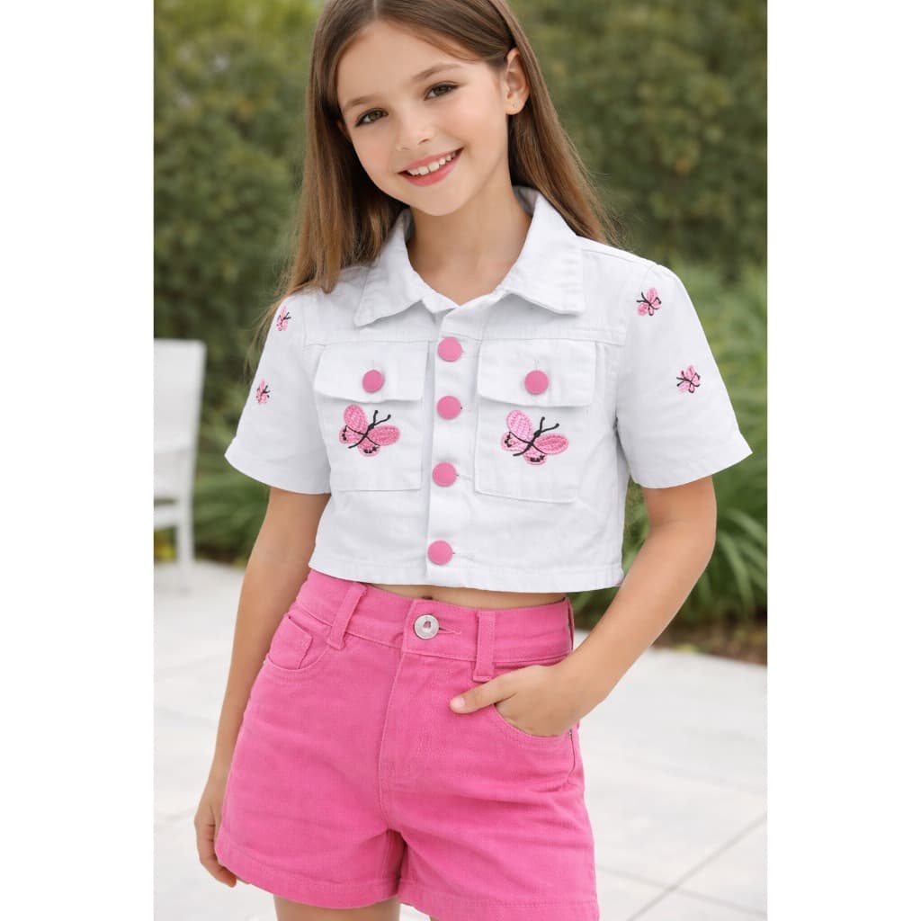 Conjunto Infantil e Juvenil Feminino Camisa Borboleta e Short Rosa