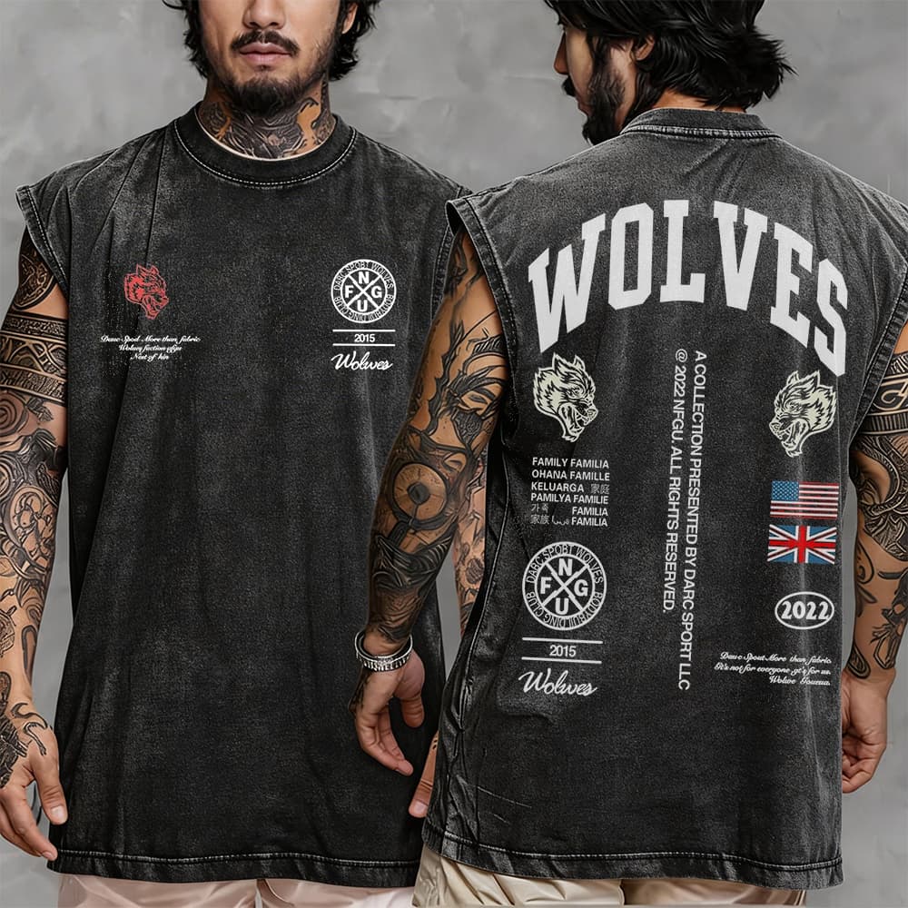 Camiseta Regata ESTONADA Lavada Wolves Forever Skull Gym Gotico Punk Olympia Fitness Unissex