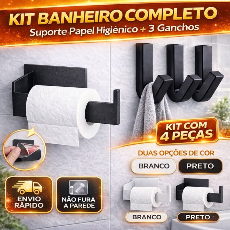 Kit Banheiro 4 Peças Suporte Papel Higiênico 3 Ganchos Adesivos Não Fura Parede Preto/Branco