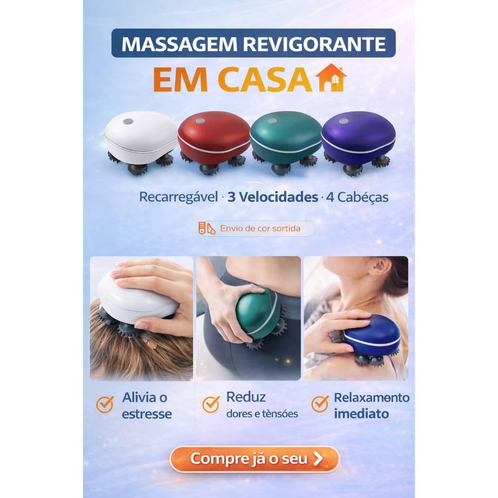 Massageador Capilar Elétrico 96 Pontos 4 Cabeças Recarregável 3 Velocidades Cabeça e Corpo