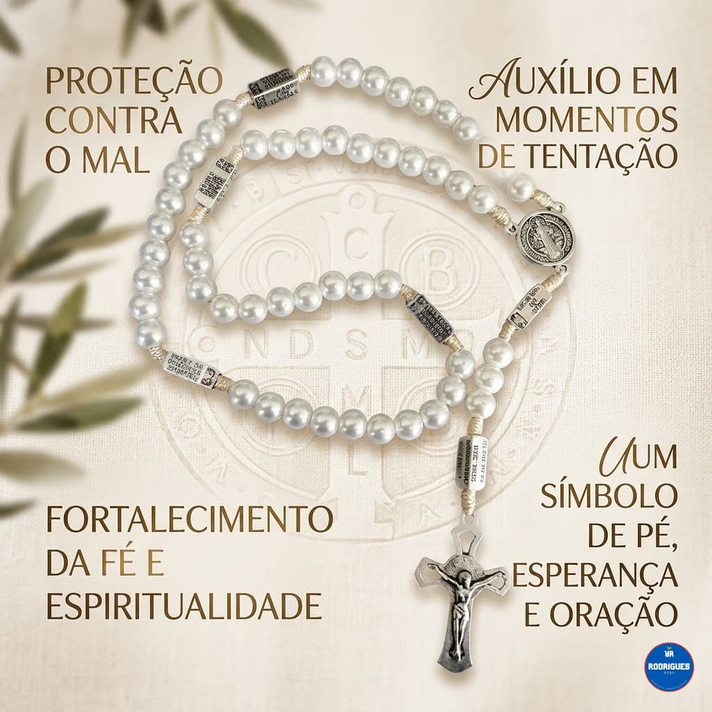 Terço São Bento Perolas Brancas Mistério Das Contemplação Rosário